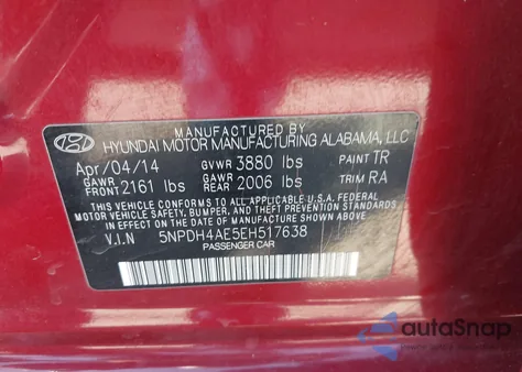 2014 Hyundai Elantra Se z USA, uszkodzony, nr VIN 5NPDH4AE5EH517638